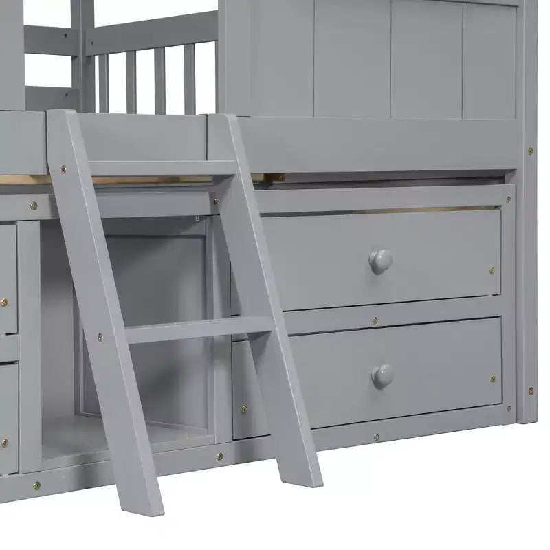 Letto a soppalco Whisen Full Size con tetto, finestre, 4 cassetti e ringhiere di protezione per bambini