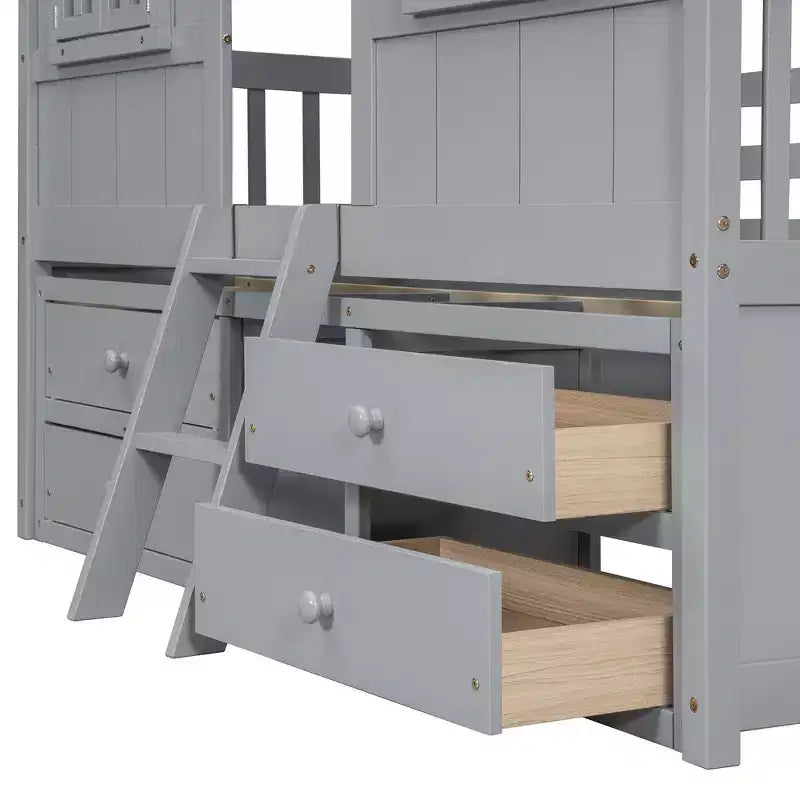 Letto a soppalco Whisen Full Size con tetto, finestre, 4 cassetti e ringhiere di protezione per bambini