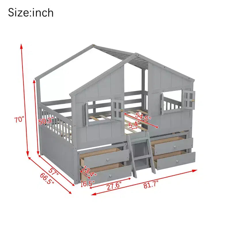 Letto a soppalco Whisen Full Size con tetto, finestre, 4 cassetti e ringhiere di protezione per bambini