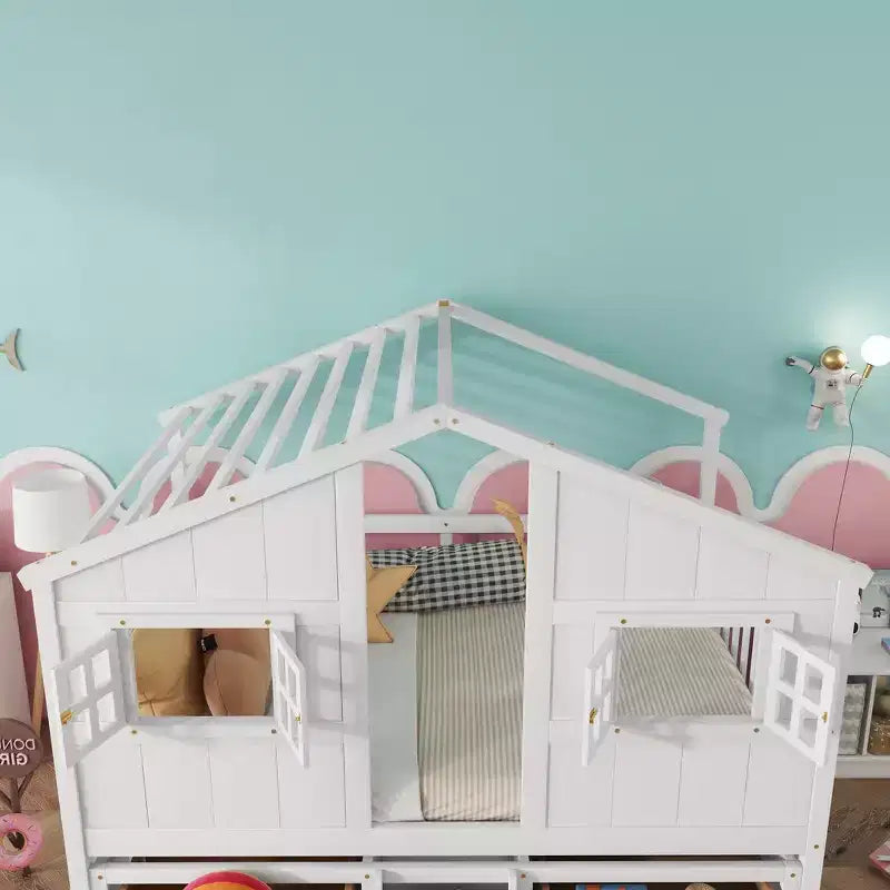 Letto a soppalco Whisen Full Size con tetto, finestre, 4 cassetti e ringhiere di protezione per bambini