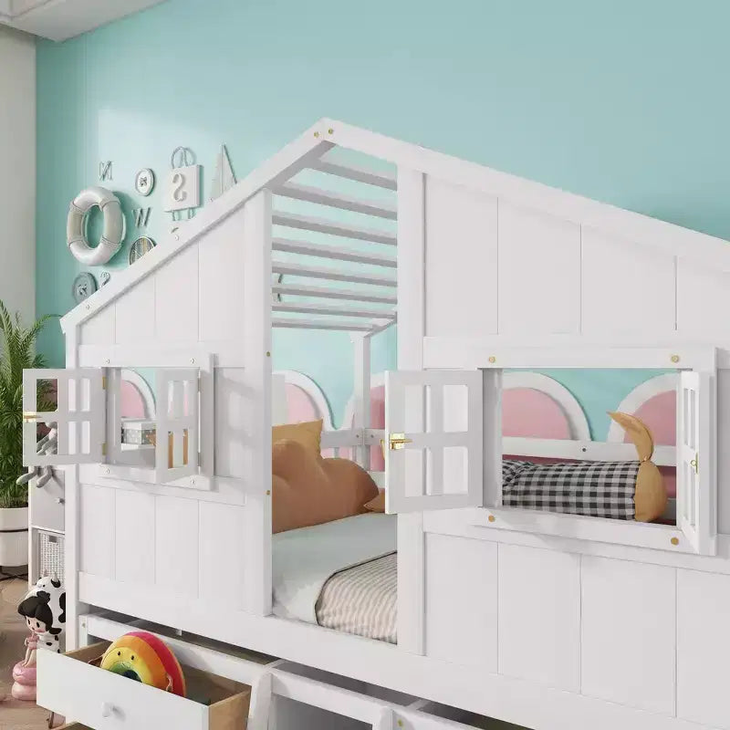 Letto a soppalco Whisen Full Size con tetto, finestre, 4 cassetti e ringhiere di protezione per bambini