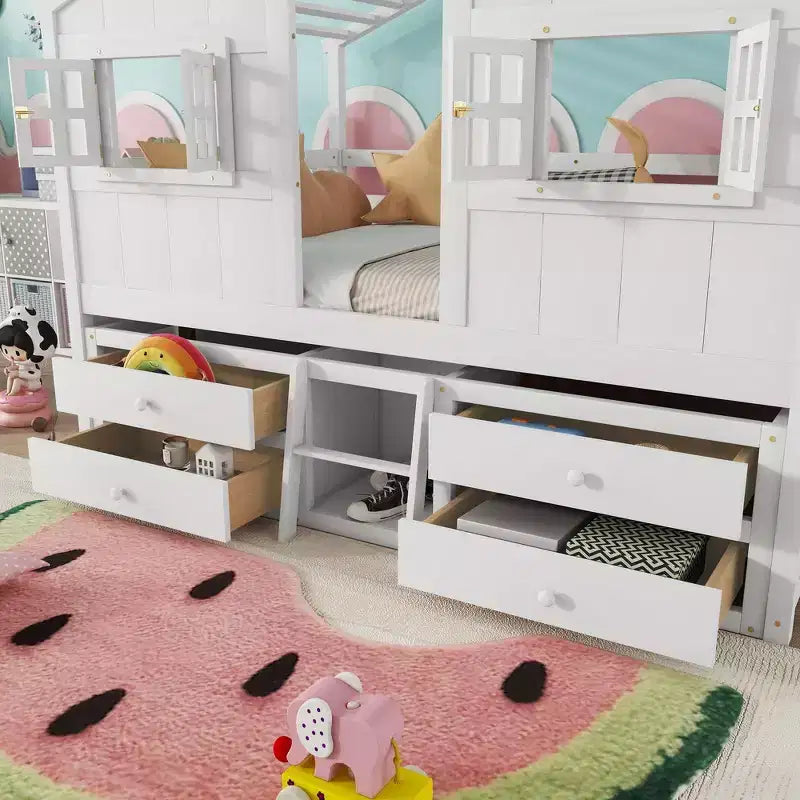 Letto a soppalco Whisen Full Size con tetto, finestre, 4 cassetti e ringhiere di protezione per bambini