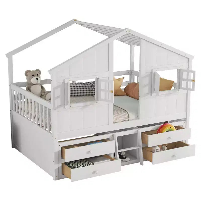 Letto a soppalco Whisen Full Size con tetto, finestre, 4 cassetti e ringhiere di protezione per bambini