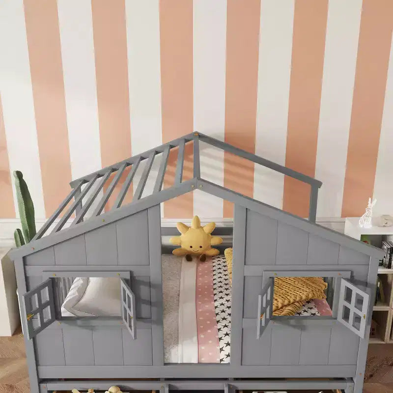 Letto a soppalco Whisen Full Size con tetto, finestre, 4 cassetti e ringhiere di protezione per bambini