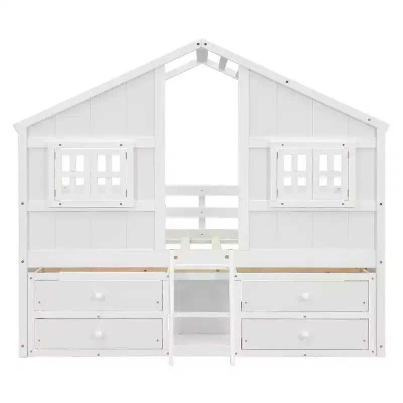 Letto a soppalco Whisen Full Size con tetto, finestre, 4 cassetti e ringhiere di protezione per bambini