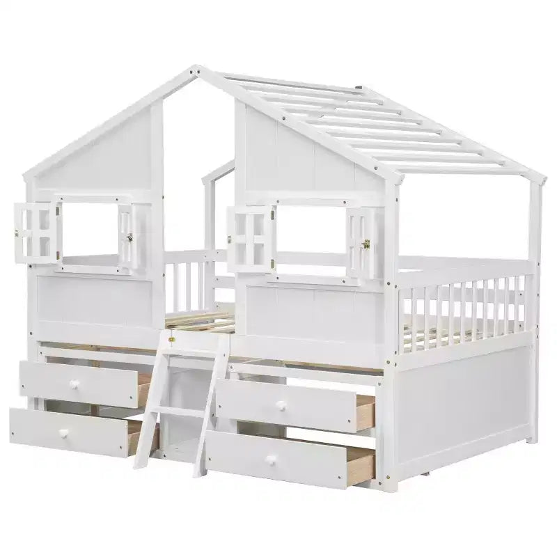Letto a soppalco Whisen Full Size con tetto, finestre, 4 cassetti e ringhiere di protezione per bambini