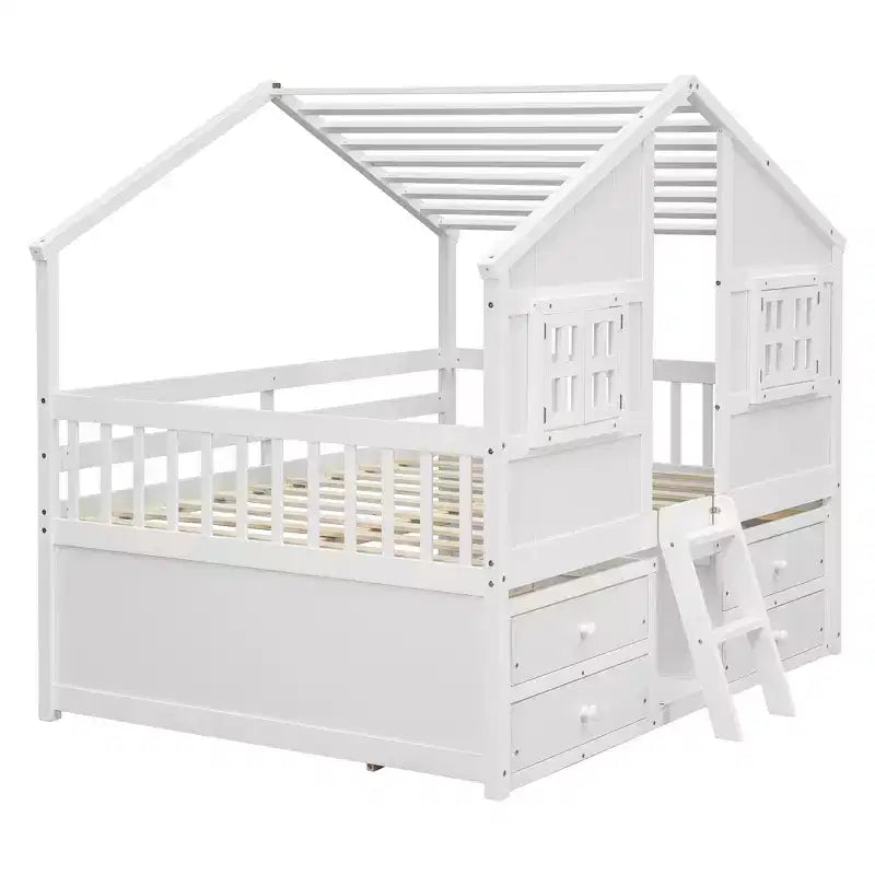 Letto a soppalco Whisen Full Size con tetto, finestre, 4 cassetti e ringhiere di protezione per bambini