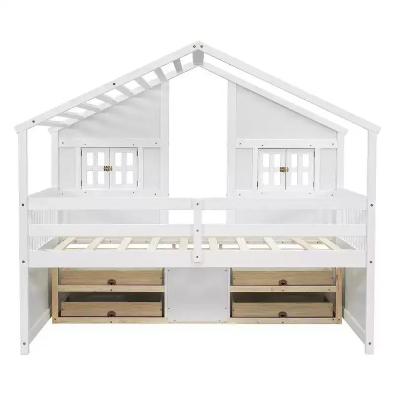 Letto a soppalco Whisen Full Size con tetto, finestre, 4 cassetti e ringhiere di protezione per bambini
