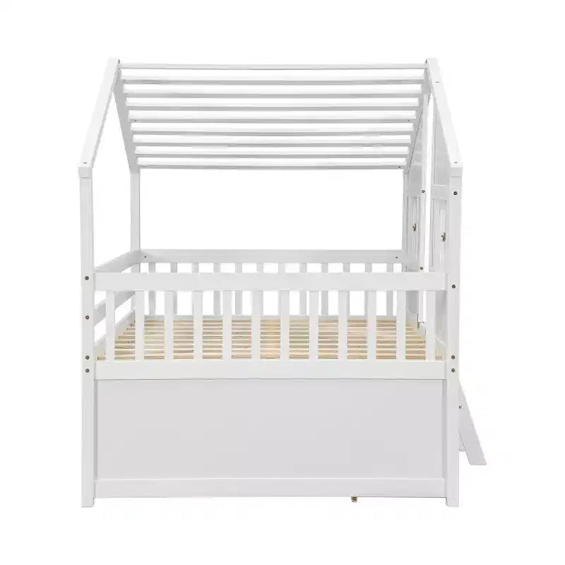 Letto a soppalco Whisen Full Size con tetto, finestre, 4 cassetti e ringhiere di protezione per bambini