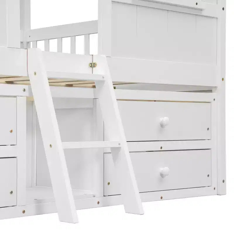 Letto a soppalco Whisen Full Size con tetto, finestre, 4 cassetti e ringhiere di protezione per bambini