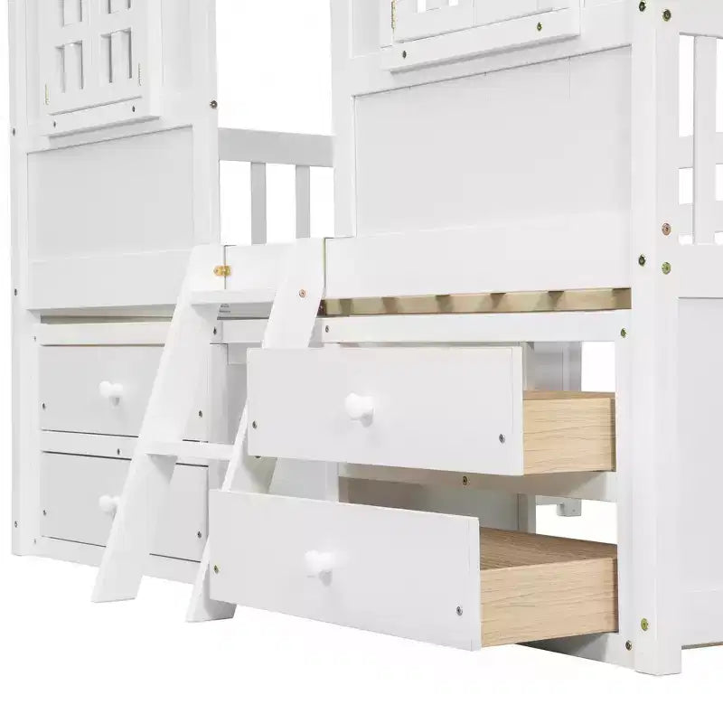 Letto a soppalco Whisen Full Size con tetto, finestre, 4 cassetti e ringhiere di protezione per bambini
