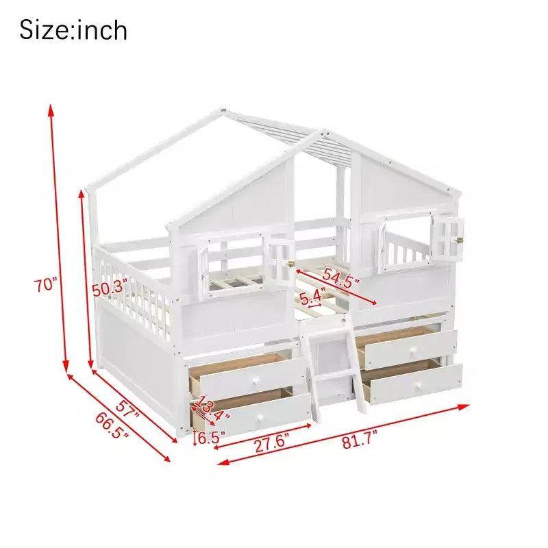 Letto a soppalco Whisen Full Size con tetto, finestre, 4 cassetti e ringhiere di protezione per bambini