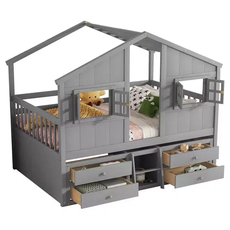 Letto a soppalco Whisen Full Size con tetto, finestre, 4 cassetti e ringhiere di protezione per bambini