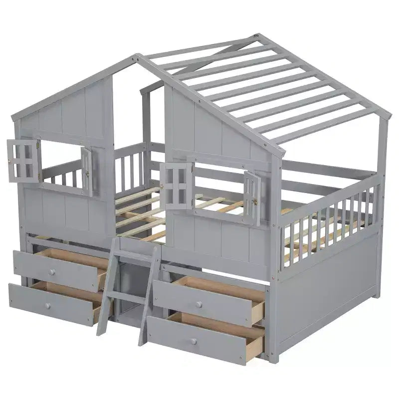Letto a soppalco Whisen Full Size con tetto, finestre, 4 cassetti e ringhiere di protezione per bambini