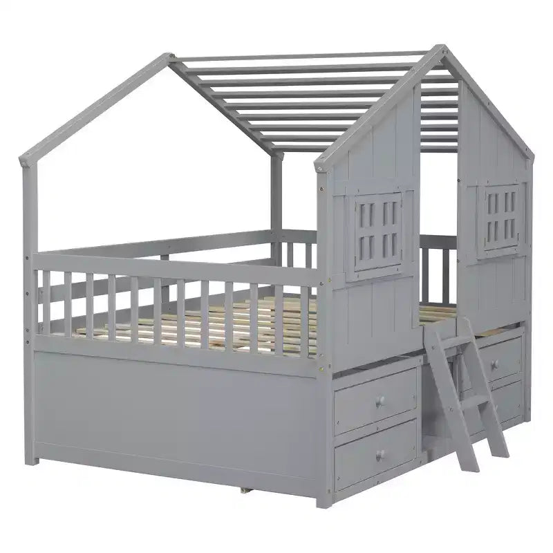 Letto a soppalco Whisen Full Size con tetto, finestre, 4 cassetti e ringhiere di protezione per bambini
