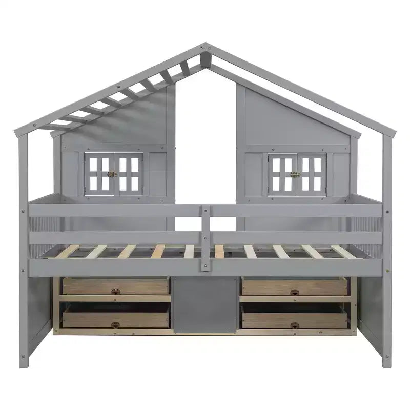 Letto a soppalco Whisen Full Size con tetto, finestre, 4 cassetti e ringhiere di protezione per bambini