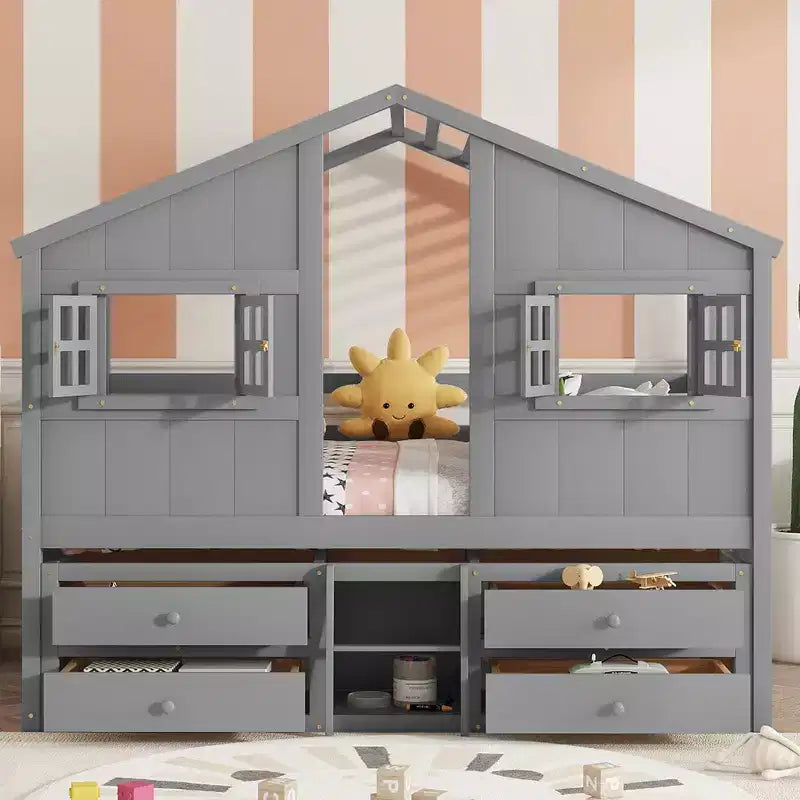 Whisen Full Size House Loft Bed with Roof, Windows, 4 Drawers and Guardrails for Children