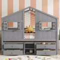 Whisen Full Size House Loft Bed with Roof, Windows, 4 Drawers and Guardrails for Children