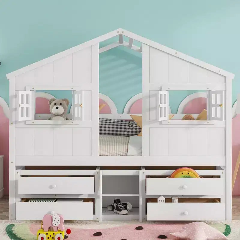 Letto a soppalco Whisen Full Size con tetto, finestre, 4 cassetti e ringhiere di protezione per bambini