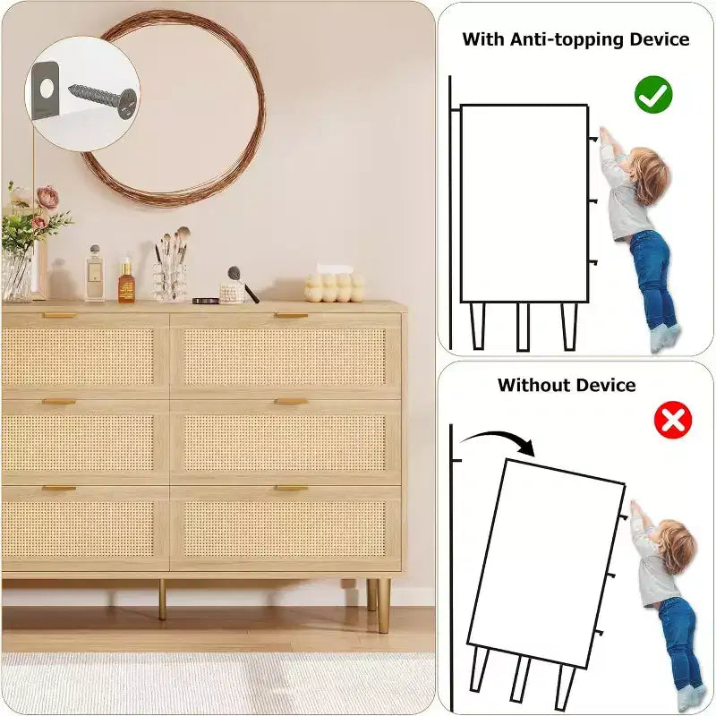 Comò in Rattan a 6 Cassetti con Gambe e Maniglie Dorate, Mobile Ampio con Piano d'Appoggio Grande, Antiribaltamento, per Camera da Letto o Soggiorno