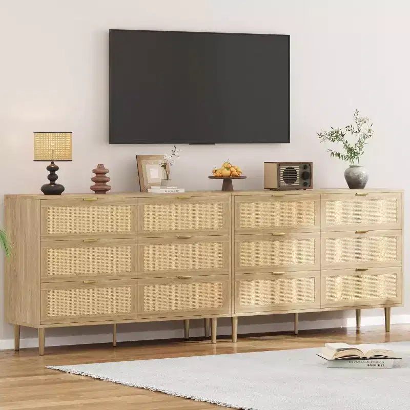 Comò in Rattan a 6 Cassetti con Gambe e Maniglie Dorate, Mobile Ampio con Piano d'Appoggio Grande, Antiribaltamento, per Camera da Letto o Soggiorno