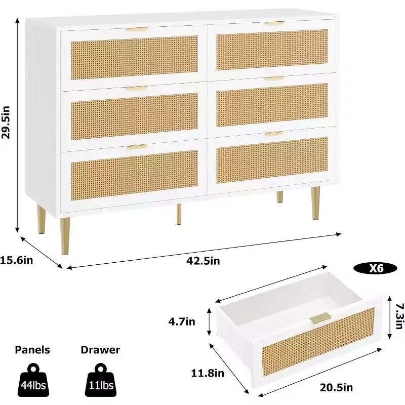 Comò in Rattan a 6 Cassetti con Gambe e Maniglie Dorate, Mobile Ampio con Piano d'Appoggio Grande, Antiribaltamento, per Camera da Letto o Soggiorno