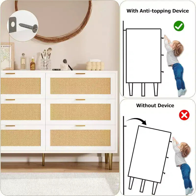 Comò in Rattan a 6 Cassetti con Gambe e Maniglie Dorate, Mobile Ampio con Piano d'Appoggio Grande, Antiribaltamento, per Camera da Letto o Soggiorno