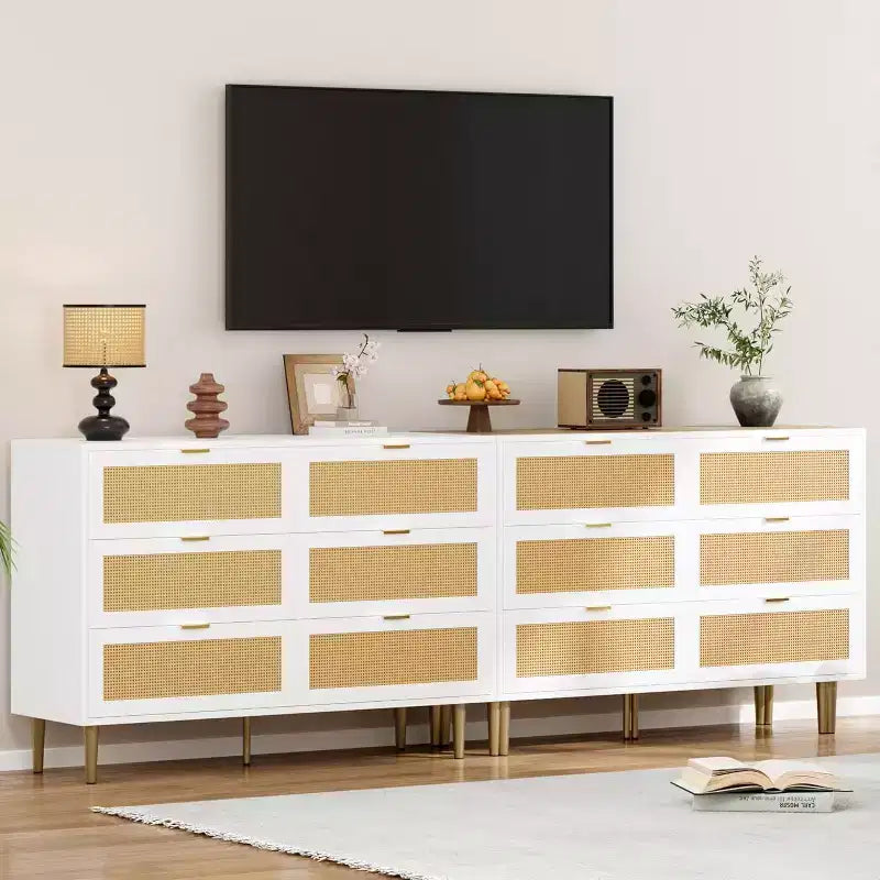 Comò in Rattan a 6 Cassetti con Gambe e Maniglie Dorate, Mobile Ampio con Piano d'Appoggio Grande, Antiribaltamento, per Camera da Letto o Soggiorno