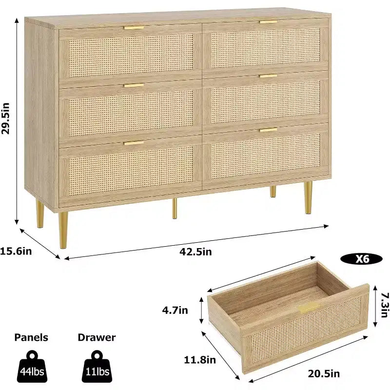 Comò in Rattan a 6 Cassetti con Gambe e Maniglie Dorate, Mobile Ampio con Piano d'Appoggio Grande, Antiribaltamento, per Camera da Letto o Soggiorno