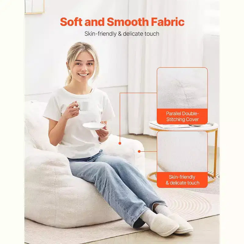 Sedia a Sacco VEVOR, Sedia a Sacco da 90 cm con Morbidi Braccioli e Tasca Portaoggetti, Imbottitura in Memory Foam 25D con Rivestimento in Morbido Velluto Teddy, Bianca