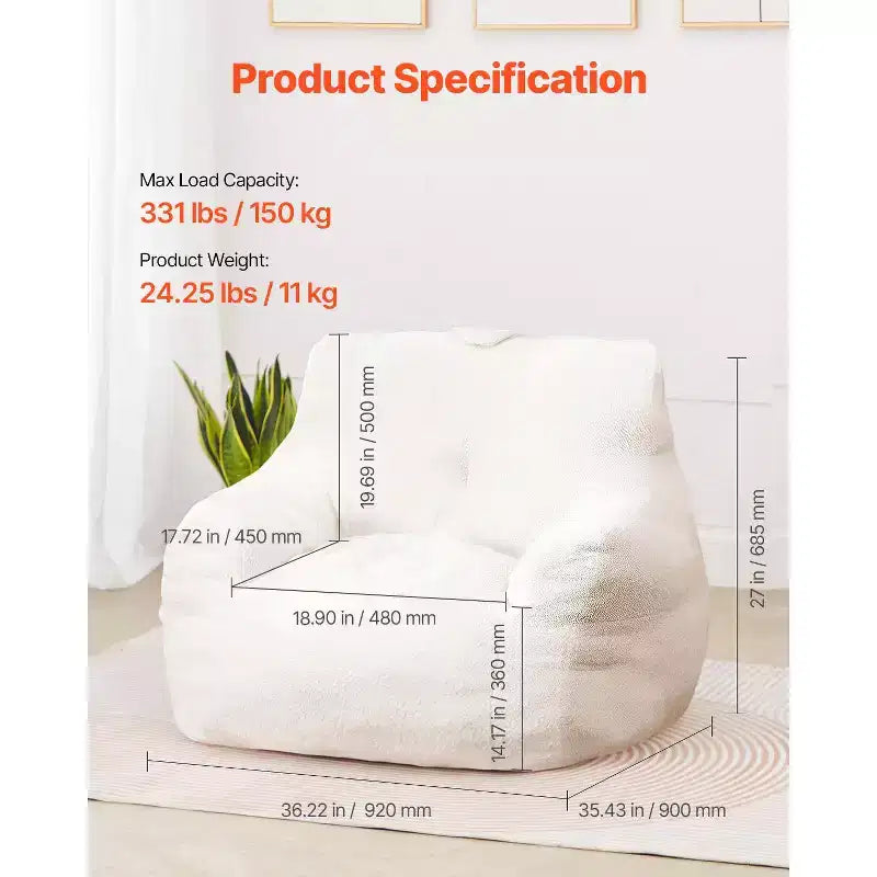 Sedia a Sacco VEVOR, Sedia a Sacco da 90 cm con Morbidi Braccioli e Tasca Portaoggetti, Imbottitura in Memory Foam 25D con Rivestimento in Morbido Velluto Teddy, Bianca