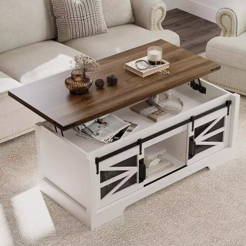 Tavolino da caffè sollevabile da 47 pollici con contenitore e ante scorrevoli alla maniera di un fienile, tavolino da cocktail in legno stile rustico, mobili da salotto per appartamenti