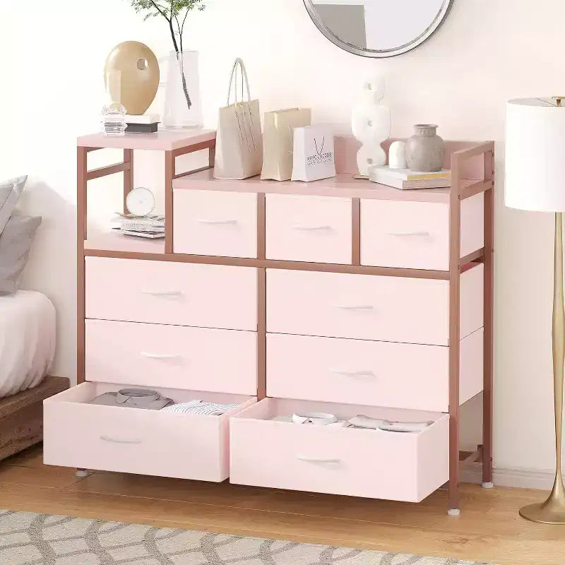 9-Drawer Storage Dresser - Steel/MDF Frame with Charging Station, 3-Size Drawers for Bedroom/Living Room