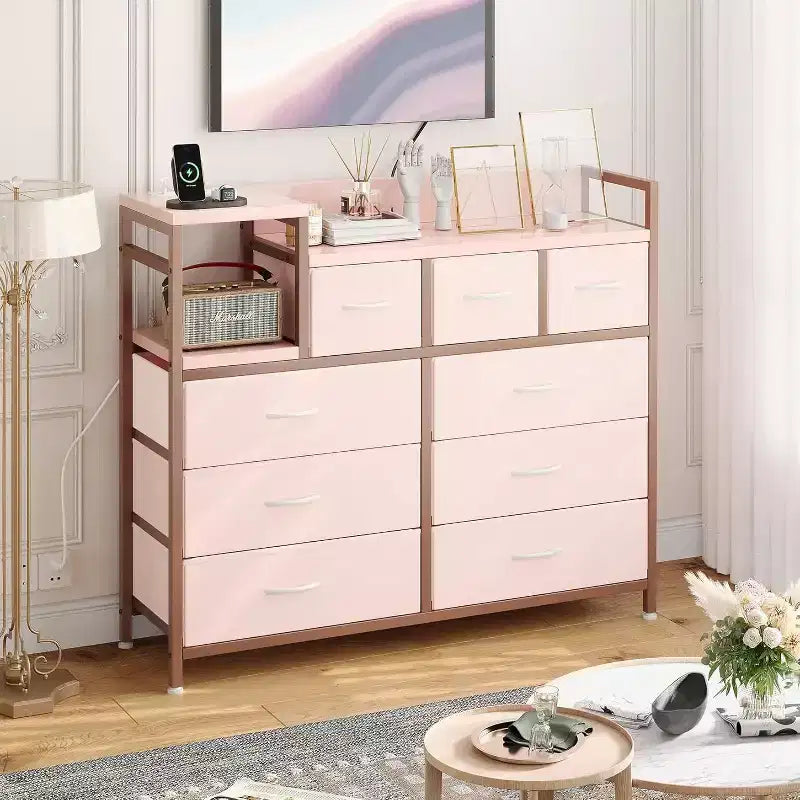 9-Drawer Storage Dresser - Steel/MDF Frame with Charging Station, 3-Size Drawers for Bedroom/Living Room