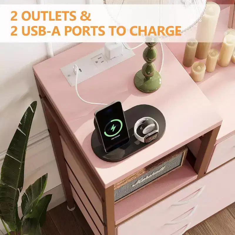 9-Drawer Storage Dresser - Steel/MDF Frame with Charging Station, 3-Size Drawers for Bedroom/Living Room