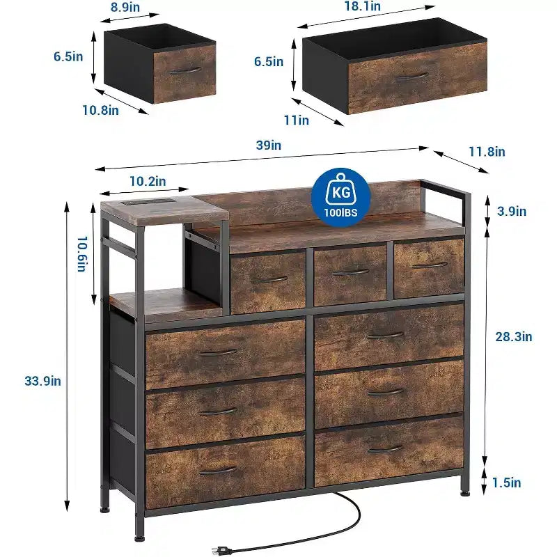 9-Drawer Storage Dresser - Steel/MDF Frame with Charging Station, 3-Size Drawers for Bedroom/Living Room