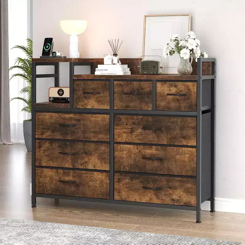 9-Drawer Storage Dresser - Steel/MDF Frame with Charging Station, 3-Size Drawers for Bedroom/Living Room
