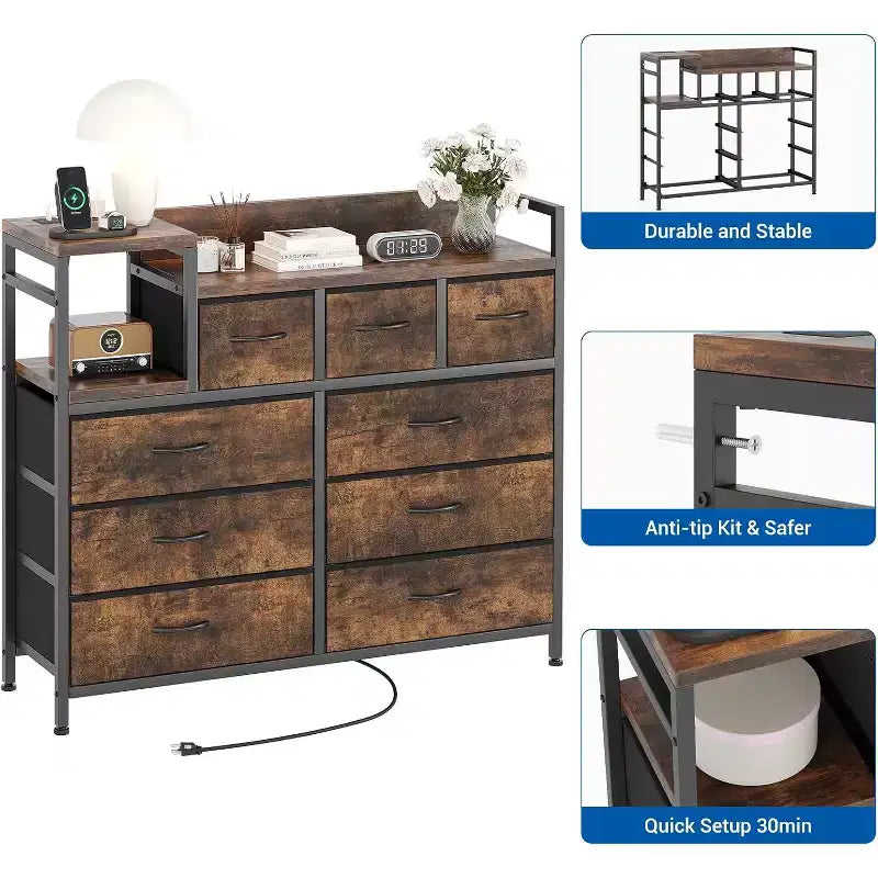 9-Drawer Storage Dresser - Steel/MDF Frame with Charging Station, 3-Size Drawers for Bedroom/Living Room