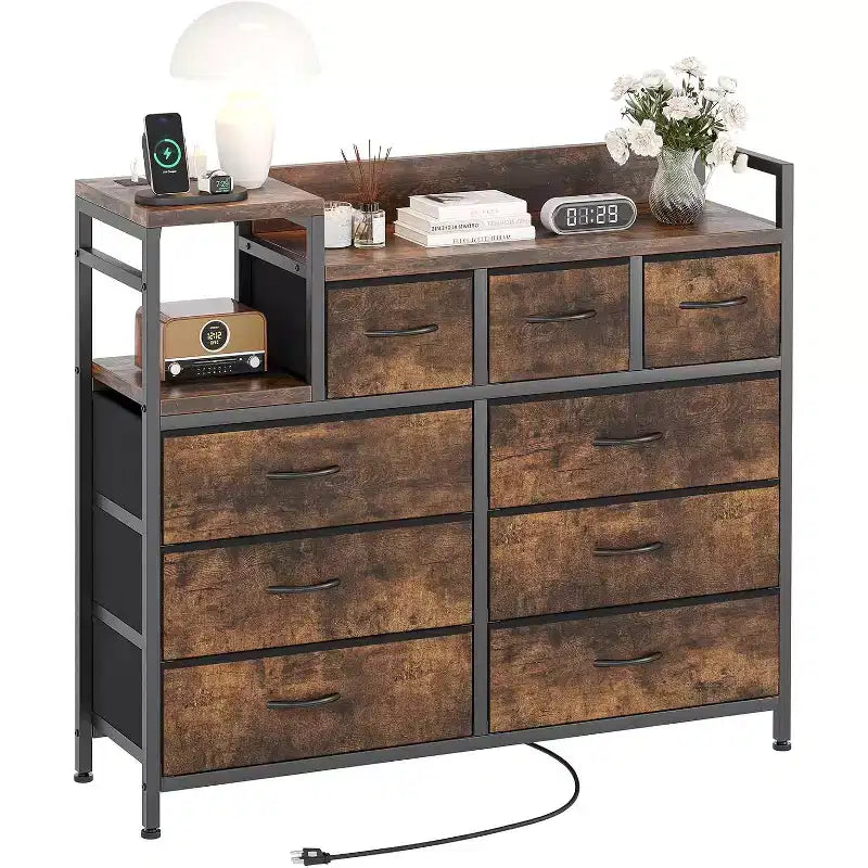 9-Drawer Storage Dresser - Steel/MDF Frame with Charging Station, 3-Size Drawers for Bedroom/Living Room