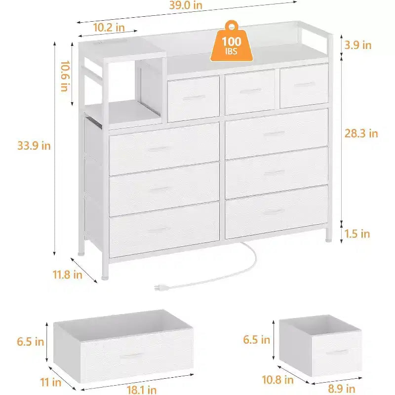 9-Drawer Storage Dresser - Steel/MDF Frame with Charging Station, 3-Size Drawers for Bedroom/Living Room