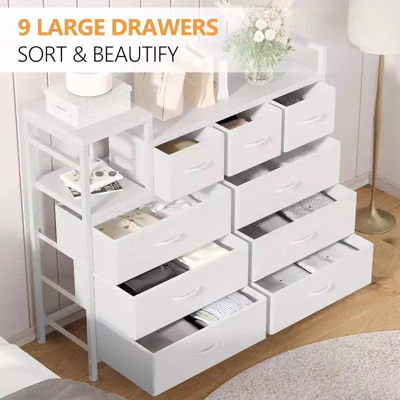 9-Drawer Storage Dresser - Steel/MDF Frame with Charging Station, 3-Size Drawers for Bedroom/Living Room