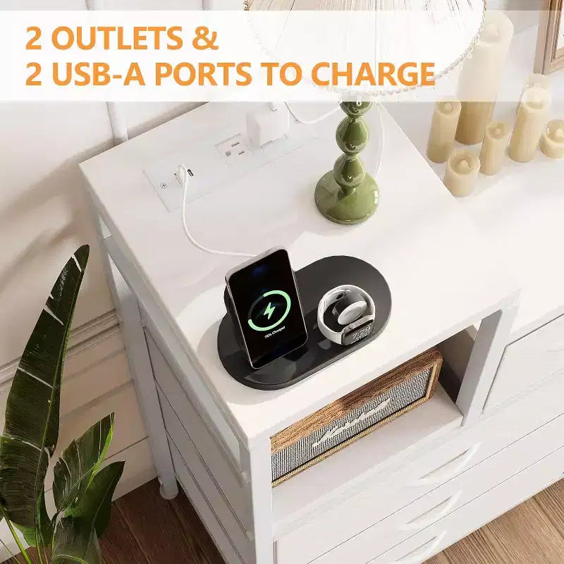9-Drawer Storage Dresser - Steel/MDF Frame with Charging Station, 3-Size Drawers for Bedroom/Living Room