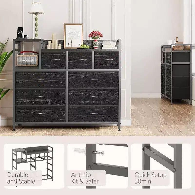 9-Drawer Storage Dresser - Steel/MDF Frame with Charging Station, 3-Size Drawers for Bedroom/Living Room