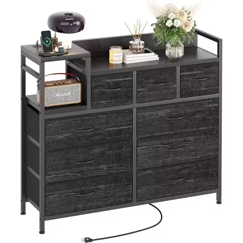 9-Drawer Storage Dresser - Steel/MDF Frame with Charging Station, 3-Size Drawers for Bedroom/Living Room