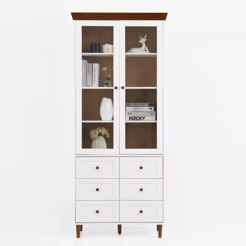MAYEERTY Mobile Contenitore Bianco in MDF Vetrina con Ante in Vetro Ripiani Regolabili Credenza Autoportante per Cucina Soggiorno