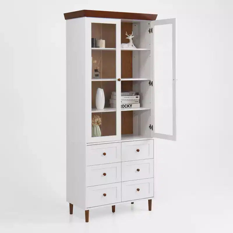 MAYEERTY Mobile Contenitore Bianco in MDF Vetrina con Ante in Vetro Ripiani Regolabili Credenza Autoportante per Cucina Soggiorno