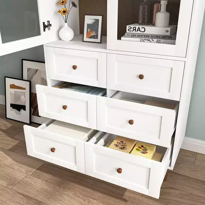 MAYEERTY Mobile Contenitore Bianco in MDF Vetrina con Ante in Vetro Ripiani Regolabili Credenza Autoportante per Cucina Soggiorno