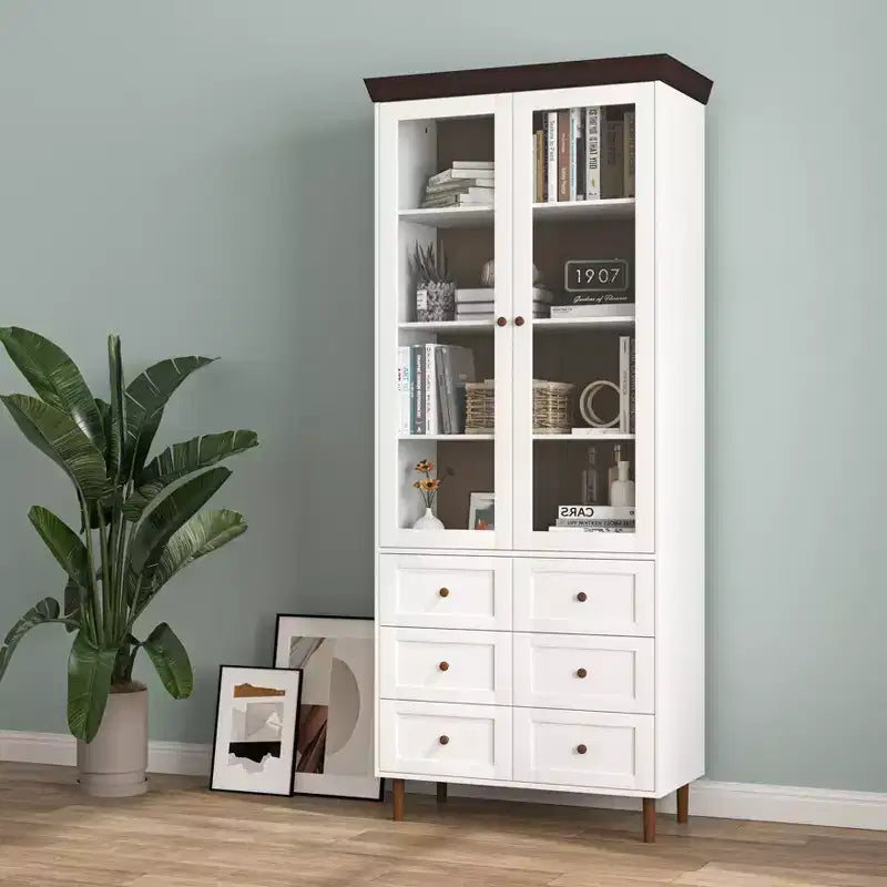 MAYEERTY Mobile Contenitore Bianco in MDF Vetrina con Ante in Vetro Ripiani Regolabili Credenza Autoportante per Cucina Soggiorno