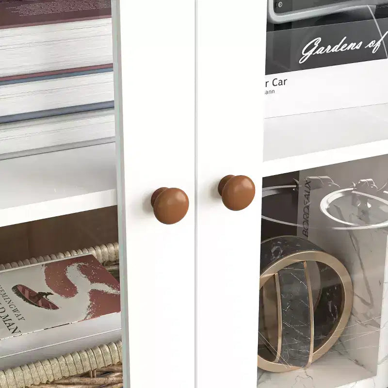 MAYEERTY Mobile Contenitore Bianco in MDF Vetrina con Ante in Vetro Ripiani Regolabili Credenza Autoportante per Cucina Soggiorno