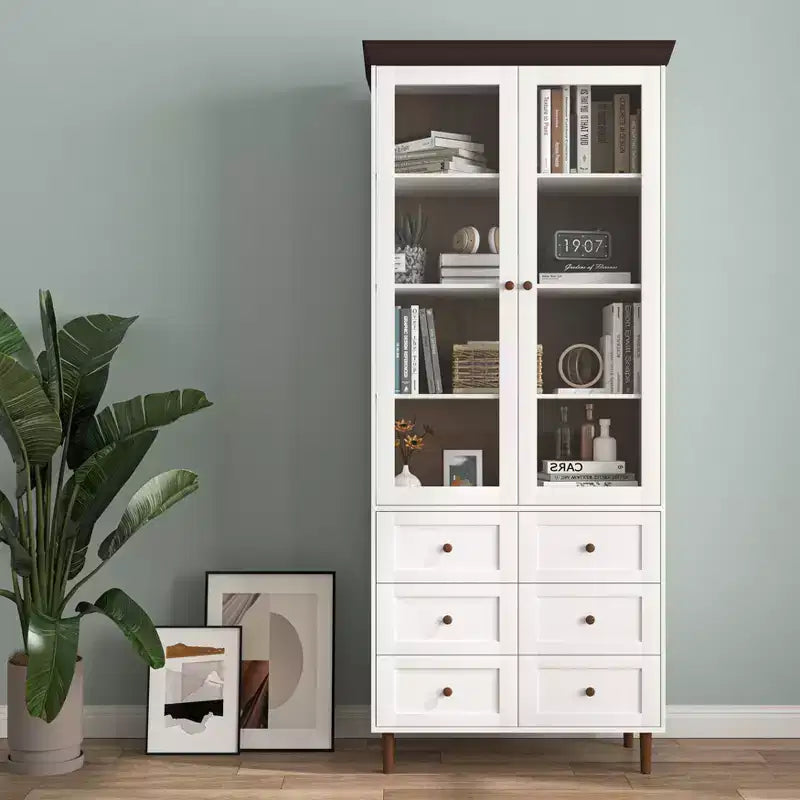 MAYEERTY Mobile Contenitore Bianco in MDF Vetrina con Ante in Vetro Ripiani Regolabili Credenza Autoportante per Cucina Soggiorno